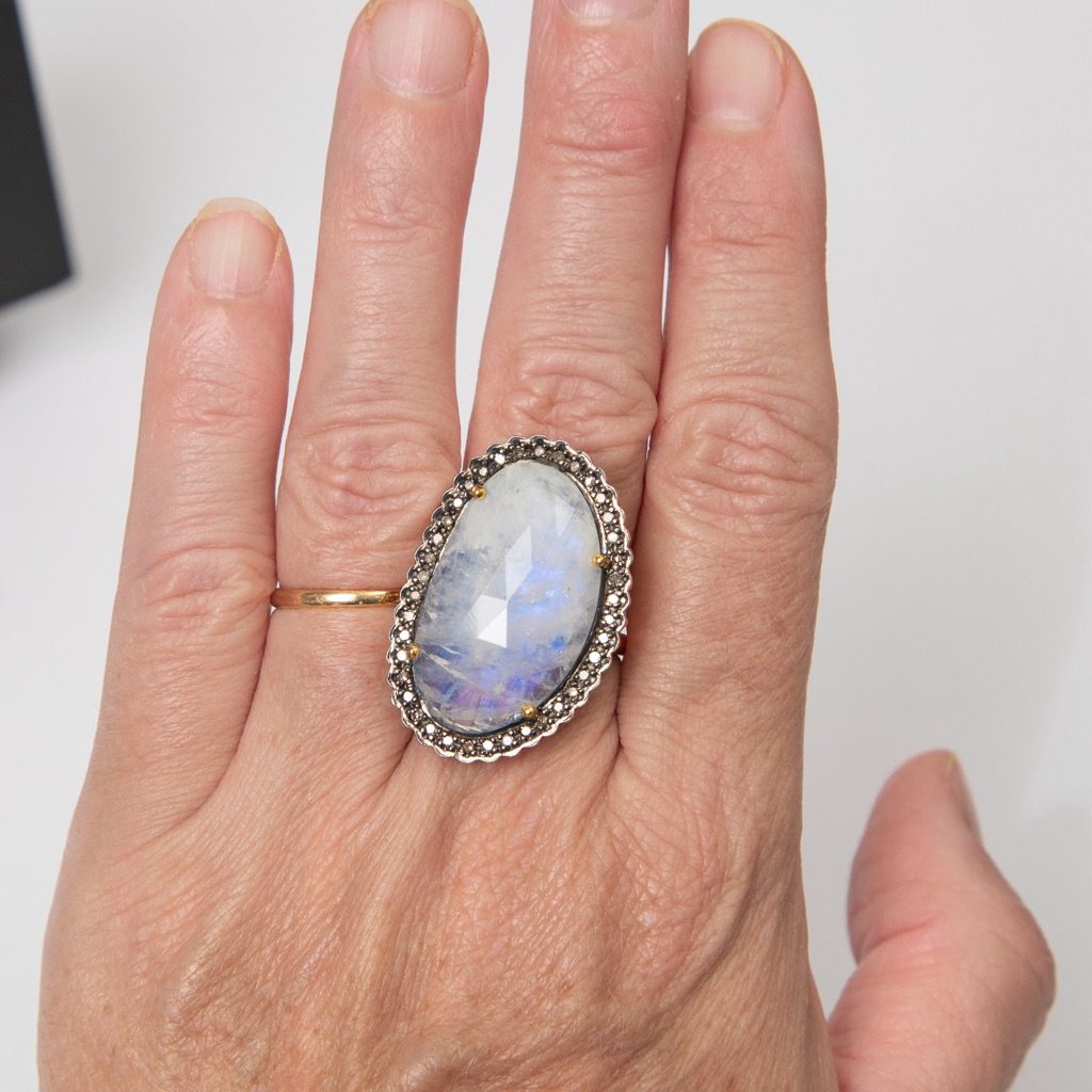 Large Moonstone Ring With Champagne Diamonds Rarities Carol Brodie Size 10
